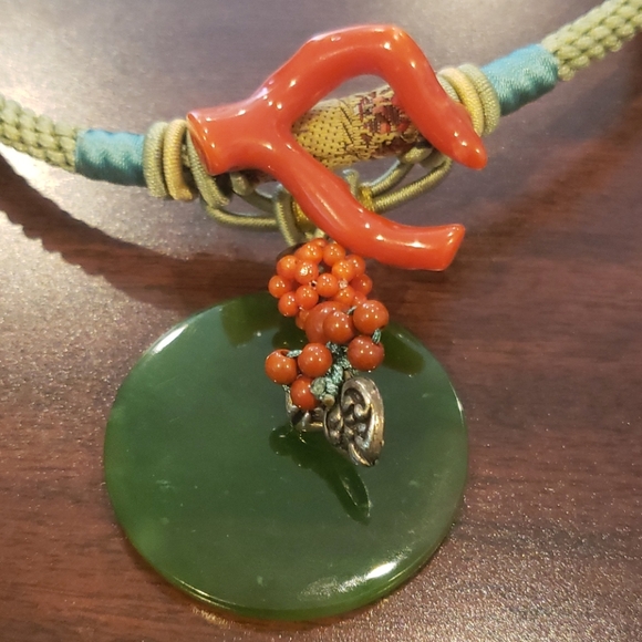 Imperial Jade & Red Branch Coral Necklace - Picture 2 of 5